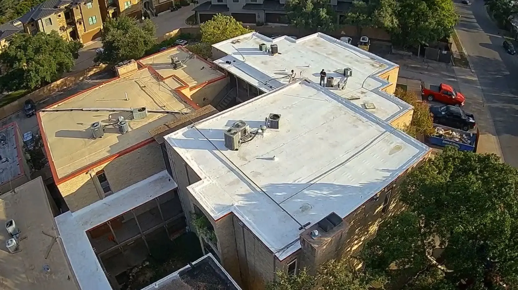 Aerial shot of a roof of a commercial building